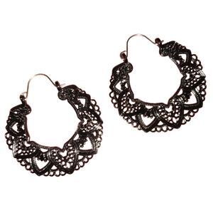 Ornate Black Heart Bohemian Metal Lace Filigree Earrings Indie Hoop Huggie Hoops